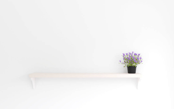 木製の棚に白い壁の 3 d レンダリング最小限のスタイル、紫花 - 写真・画像