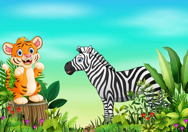 Nature scene with a tiger standing on tree stump and zebra - Vector, Image