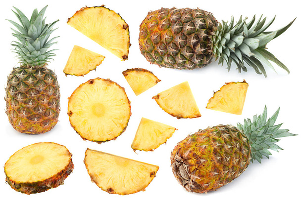 Ripe Pineapple tropical fruit closeup set isolated on white - 写真・画像