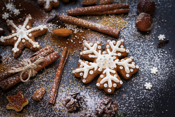 Christmas or New Year background of Gingerbread cookies, spices, nuts with sugar and snowflakes. Top view. - Valokuva, kuva