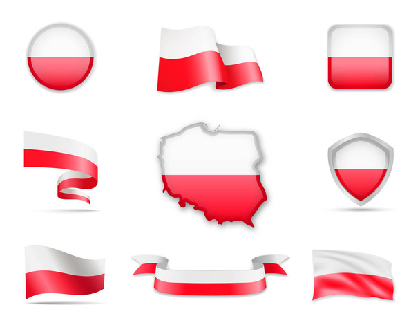 Poland Flags Collection. Flags and contour map. Vector illustration - Vector, Image