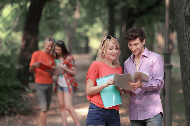 couple of students with a clipboard discussing exam questions standing in the Park - Фото, изображение