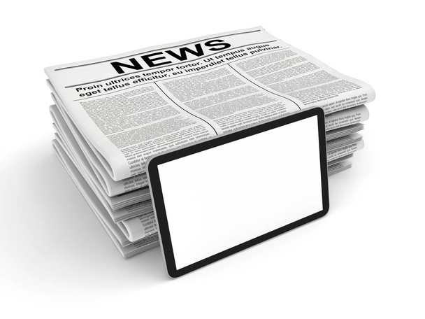 Haber gazete ve üzerinde beyaz izole yatay boş tablet Pc. 3D render - Fotoğraf, Görsel