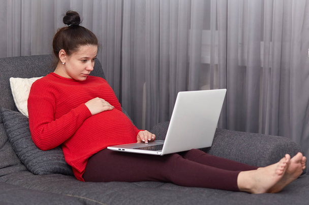 Photo of pregnant woman feels lazy, looks attentively at laptop computer, poses at sofa, watches film online, enjoys free internet connection at home, spends spare time with modern technologies - Foto, Bild