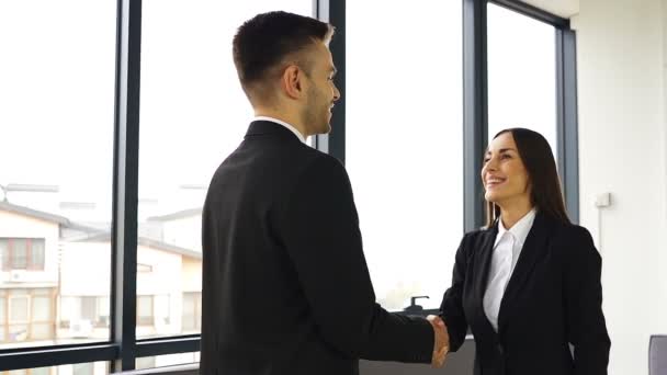 Pretty  smiling businesswoman, shake hands with man partner when meeting. Slow motion, slider shot - Imágenes, Vídeo