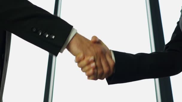 Dos socios de negocios, hombre y mujer, se dan la mano cuando se reúnen. Movimiento lento
 - Metraje, vídeo