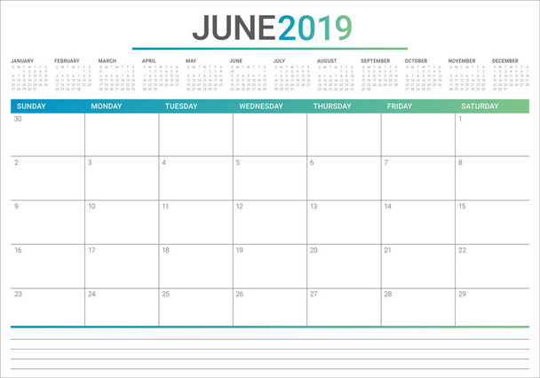 Junho 2019 mesa calendário vetor ilustração, design simples e limpo
. - Vetor, Imagem