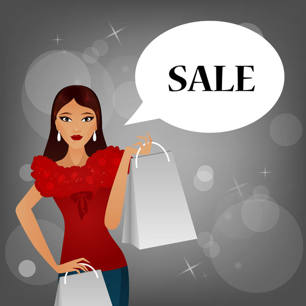 Glamour girl with packages, concept of shopping and sales, buying, big sales. SALE in the speech bubble. Vector Illustration. - Vector, Image