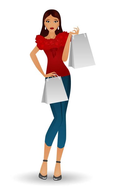 Glamour girl with packages, concept of shopping and sales, buying. Preparation for holidays, big sales. Vector Illustration. - Vector, Image