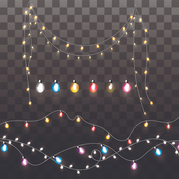 Kleurrijke slingers op donkere achtergrond, Kerstverlichting, vector illustratie met bruikbare lements voor uw ontwerp. - Vector, afbeelding