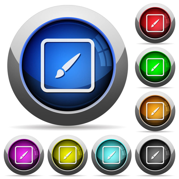 Paint object icons in round glossy buttons with steel frames - Vector, Image
