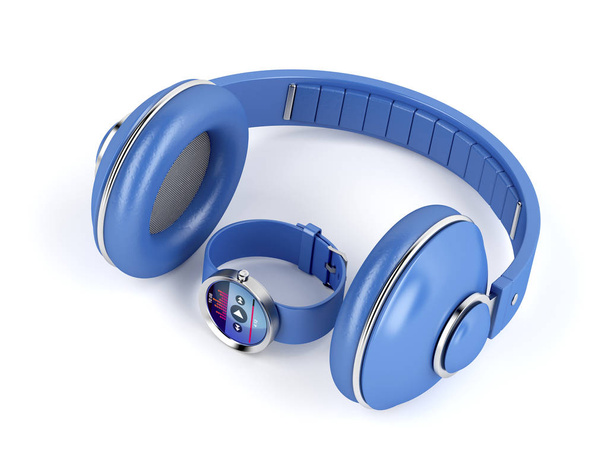 Reloj inteligente y auriculares inalámbricos sobre oreja sobre fondo blanco - Foto, Imagen