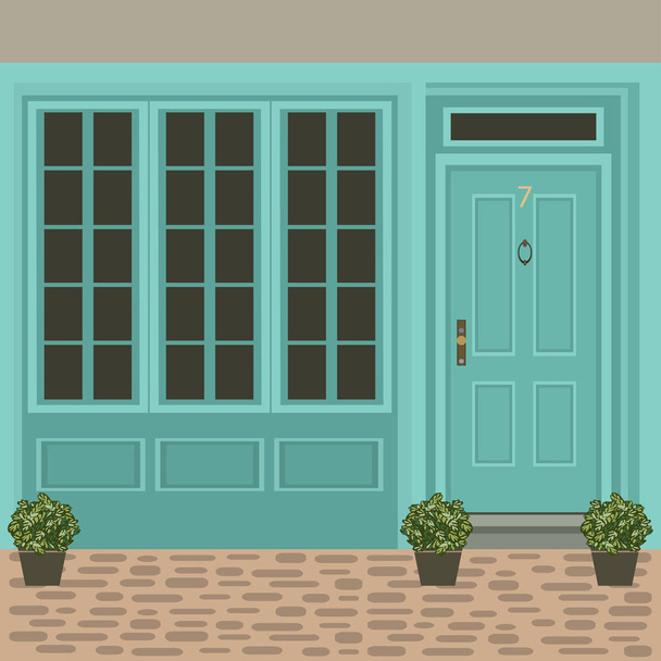 Двері будинку спереду з вікном, ступенями та рослинами, фасад входу до будівлі, вектор зовнішнього дизайну входу в плоский стиль
 - Вектор, зображення