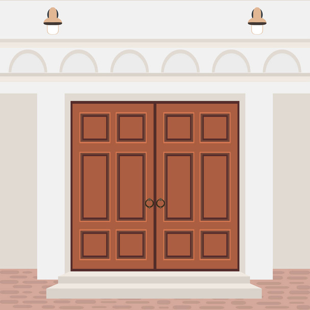 Входная дверь с лестницами и светильниками, фасад здания, вектор дизайна внешнего входа в плоском стиле
 - Вектор,изображение