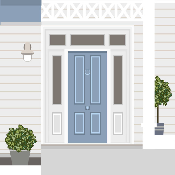 House door front with doorstep, window, steps, lamp and plants, building entry facade, exterior entrance design illustration vector in flat style - Vector, Image