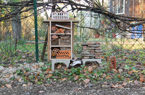 insecten hotel voor diverse insecten en ongewervelde dieren in de tuin in de herfst - Foto, afbeelding