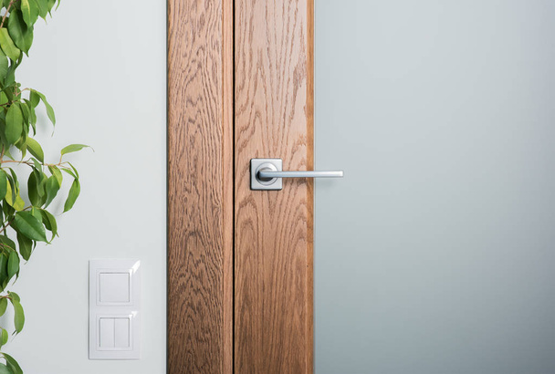 Close - up of interior elements. Steel door handle on dark wood. White switches on the wall - Fotó, kép