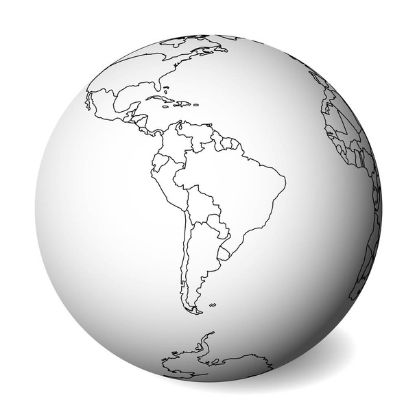 Чистая политическая карта Южной Америки. 3D Земля земной шар с черным контуром карты. Векторная иллюстрация
 - Вектор,изображение