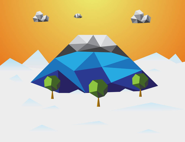 Гора зимой Низкий поли фон. Горы и облака и деревья в компоненте. Концепция природы и ландшафта. Абстрактная и фоновая концепция. Тема экологии и климата. Фудзисанская Япония
 - Вектор,изображение