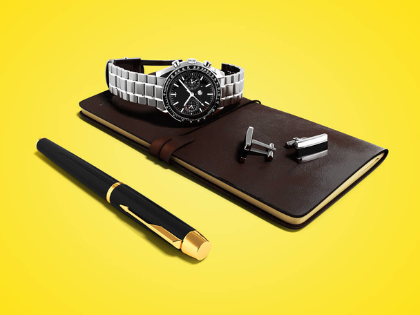 Moderno conjunto de negocios bloc de notas diario bolígrafo relojes de pulsera y gemelos en la camisa 3d render sobre fondo amarillo con sombra
 - Foto, imagen