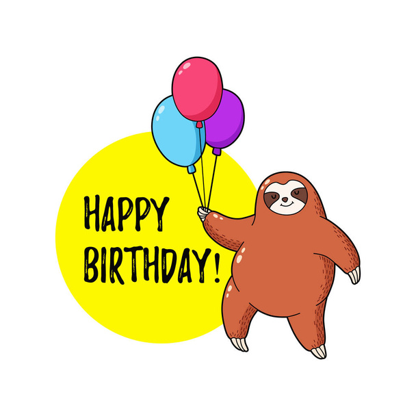 Greeting card with sloth holding balloons. - Vecteur, image