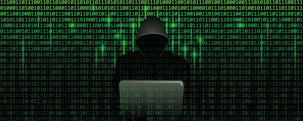 υπολογιστή hacker στην μήτρα κυβερνοεγκλήματος έννοια με δυαδικό κώδικα web φόντο - Διάνυσμα, εικόνα