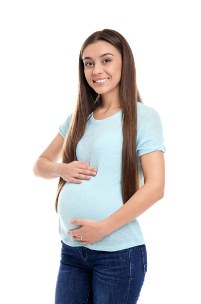 Beautiful pregnant woman on white background - Foto, Imagen