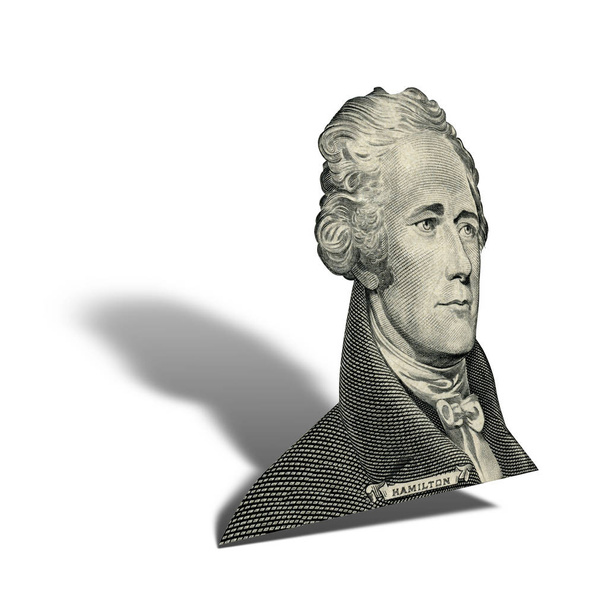 Első titkára a kincstár Alexander Hamilton. Minőségi portré 10 dolláros bankjegy isolater fehér háttérrel. Fénykép Árnyék 45 fokos szögben. - Fotó, kép
