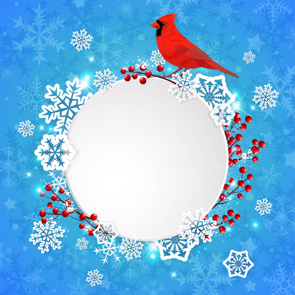 Vector Christmas banner with white paper snowflakes and red cardinal bird on a blue background. New year greeting card. - Διάνυσμα, εικόνα