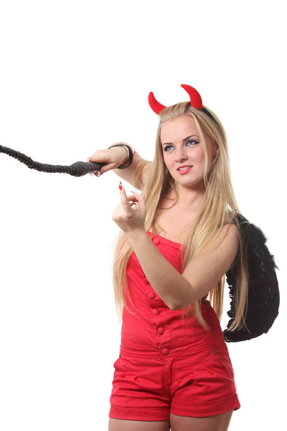 Young sexi blond woman in a costume of red devil - Photo, Image