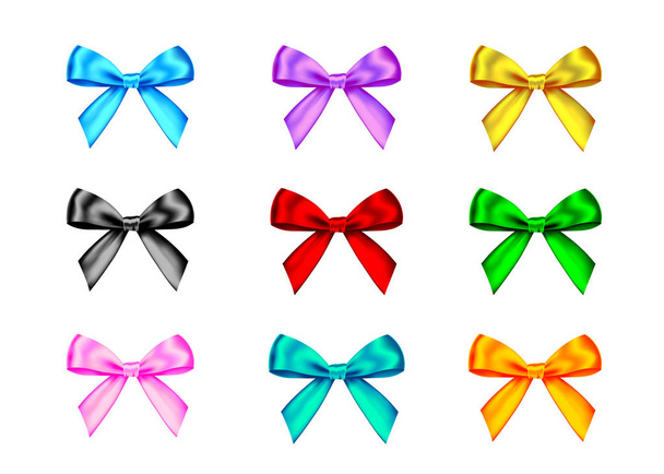 Decorative gift ribbon and bow isolated on white background. Blue, red, green, pink, golden holiday decoration.Vector set of decor elements  for banner, greeting card, poster. - Вектор,изображение