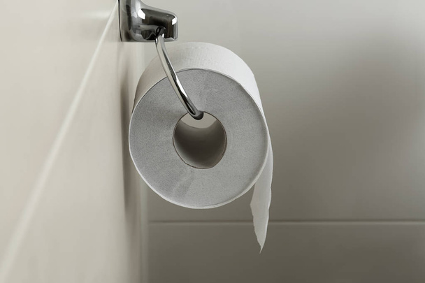 Holder with roll of soft toilet paper on wall in restroom - Photo, Image