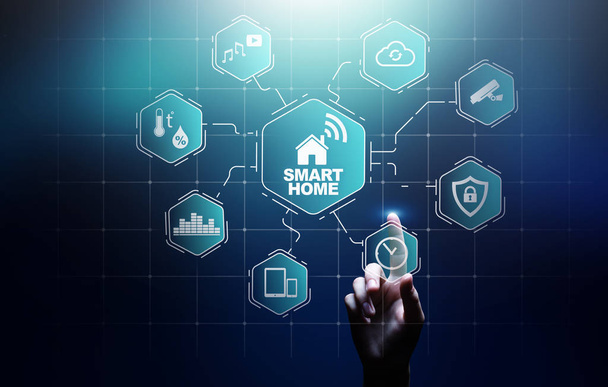 Smart Home Bedienfeld auf virtuellem Bildschirm. IOT und Automatisierungstechnikkonzept. - Foto, Bild