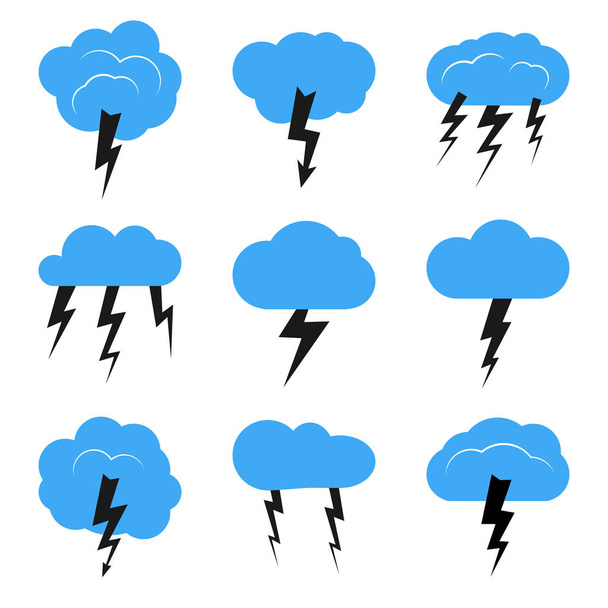 Set van negen wolken met een onweersbui - Vector, afbeelding