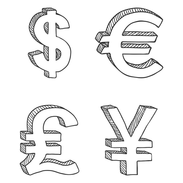 白い背景に分離されたスケッチ通貨記号のセット - ベクター画像
