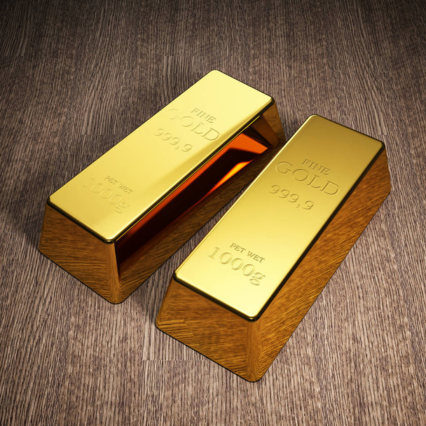 A fából készült háttér aranyrudat. Tőzsdei és banki fogalom. 3D-s illusztráció. - Fotó, kép