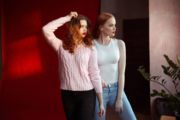 young stylish red hair women looking away in studio with red wall on background - Фото, изображение