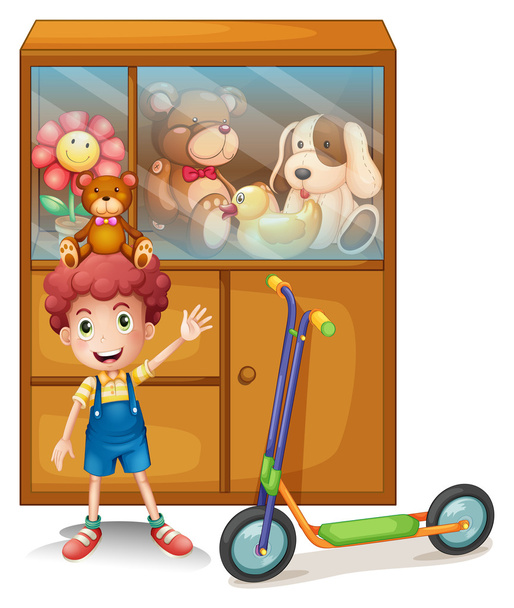 A boy and his scooter in front of his toy collections - Vector, Image