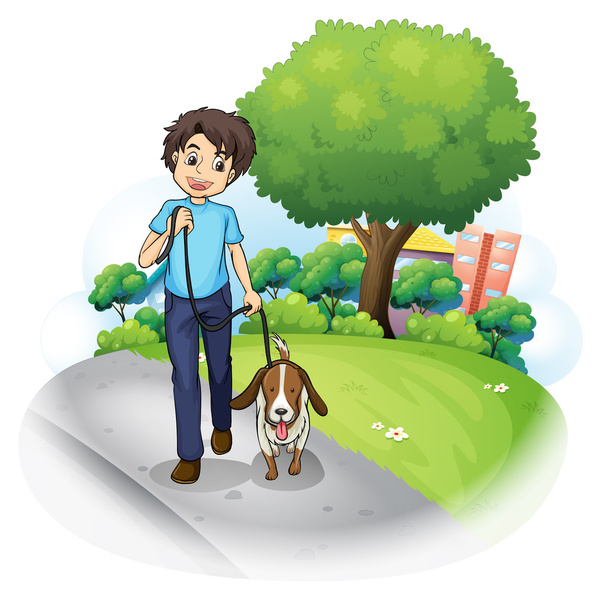Мальчик с собакой гуляет по улице
 - Вектор,изображение