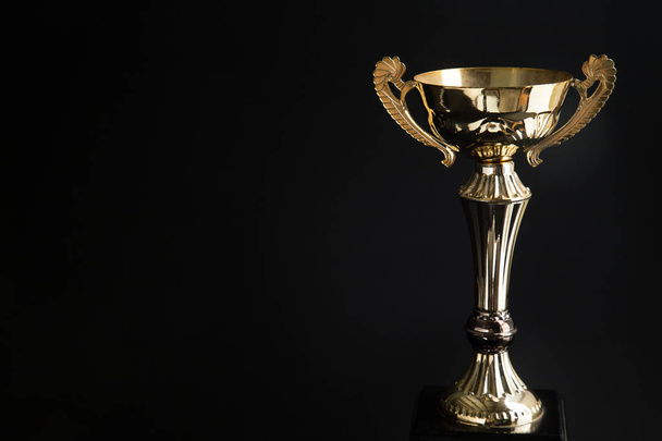 Close up of Golden trophy over black background. Winning awards with copy space for text and design. - Photo, Image