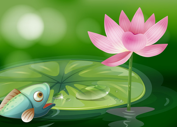 Un pez con un nenúfar y una flor en el estanque
 - Vector, imagen
