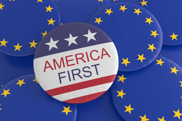 Amerikka Ensimmäinen Slogan-painike EU:n lippupainikkeilla, 3d-kuva
 - Valokuva, kuva