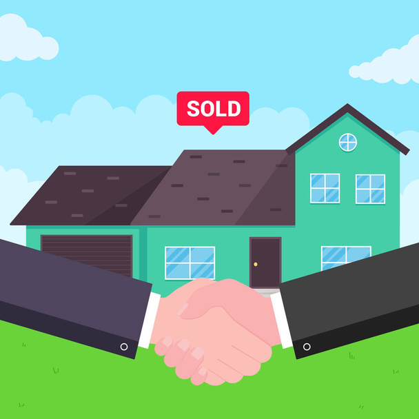 Buying new house on sale. Two hands shaking, big deal agreement flat style vector illustration. New house behind sold for new landlord or houseowner. Good partnership and succesful deal concept. - Vector, Image