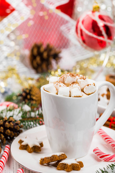 Christmas and New Year Card Background with Hot Cocoa with Marshmallows. Selective focus. - Фото, изображение