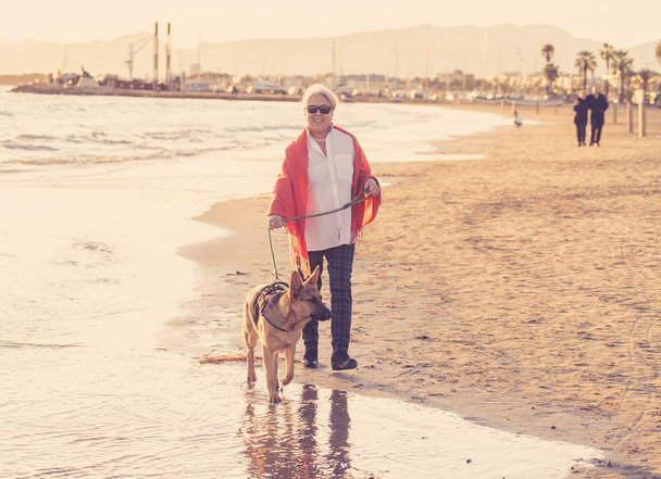 Beautiful retired older woman and pet german shepard dog walking along the shore sea ocean on beach in Companionship Benefits of animals Keeping active Retirement lifestyle and Dog friendly tourism. - Φωτογραφία, εικόνα