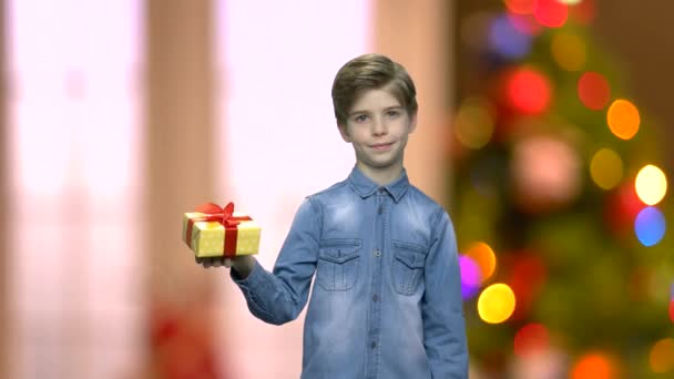 Μικρό αγόρι κρατώντας κουτί δώρου με το ένα χέρι. - Πλάνα, βίντεο