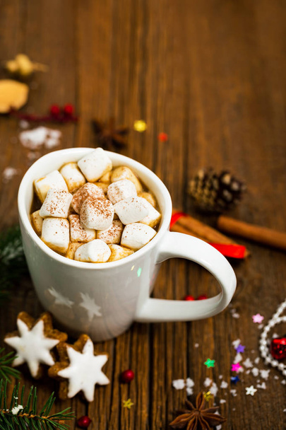Christmas and New Year Background with Hot Cocoa with Marshmallows. Selective focus. - Photo, Image