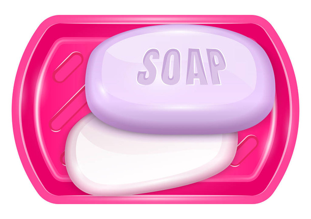 Twee geurige paarse zeep bar bij kunststof roze bekken. - Vector, afbeelding