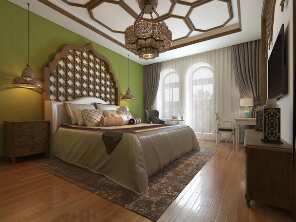 Східна спальня, дерев'яний узголів'я і зелені стіни. Телевізор, туалетний столик, крісло з журнальним столиком. 3D візуалізація
. - Фото, зображення