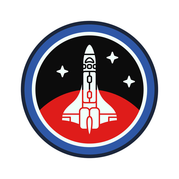 Κύκλος λωρίδα λογότυπο φορέα σιλουέτα του πυραύλου πολυσταδιακής πρόγραμμα αεροναυπηγικής mars. Galaxy έρευνες έμβλημα. Καρτούν στυλ ρόκα, αστροναύτης διακριτικά εξοπλισμού. Διαστημόπλοιο τεχνολογία εικονογράφηση. - Διάνυσμα, εικόνα